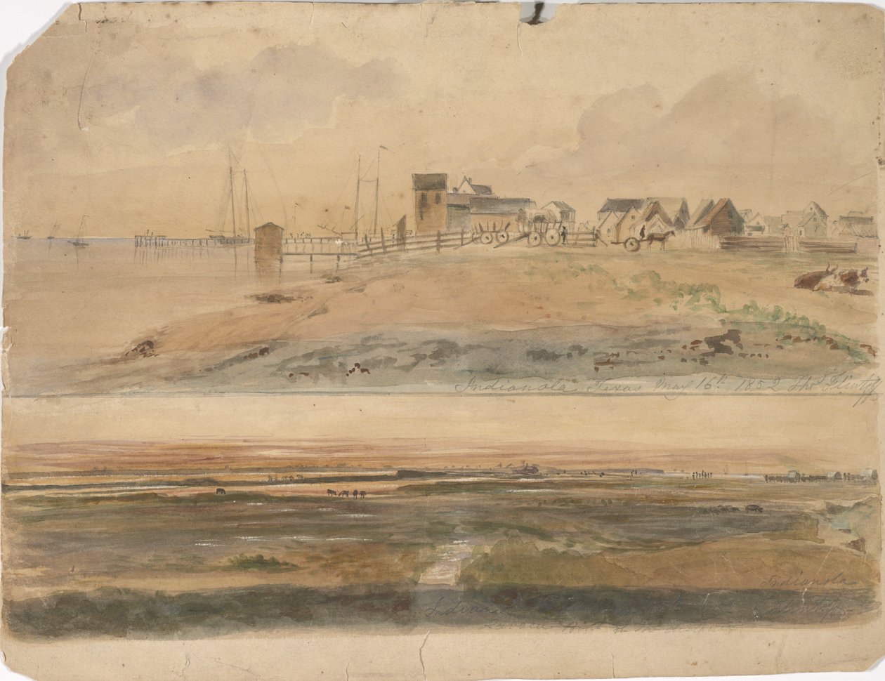Indianola, Texas en Indianola met Lavaca Point in de verte, 16 mei 1852 (aquarel op papier) door Thomas Flintoff