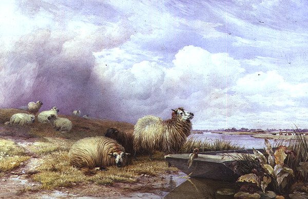 Een landschap met schapen en boot door Thomas Francis Wainewright