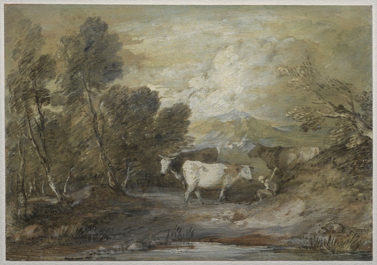 Een herder met drie koeien bij een bergmeertje door Thomas Gainsborough