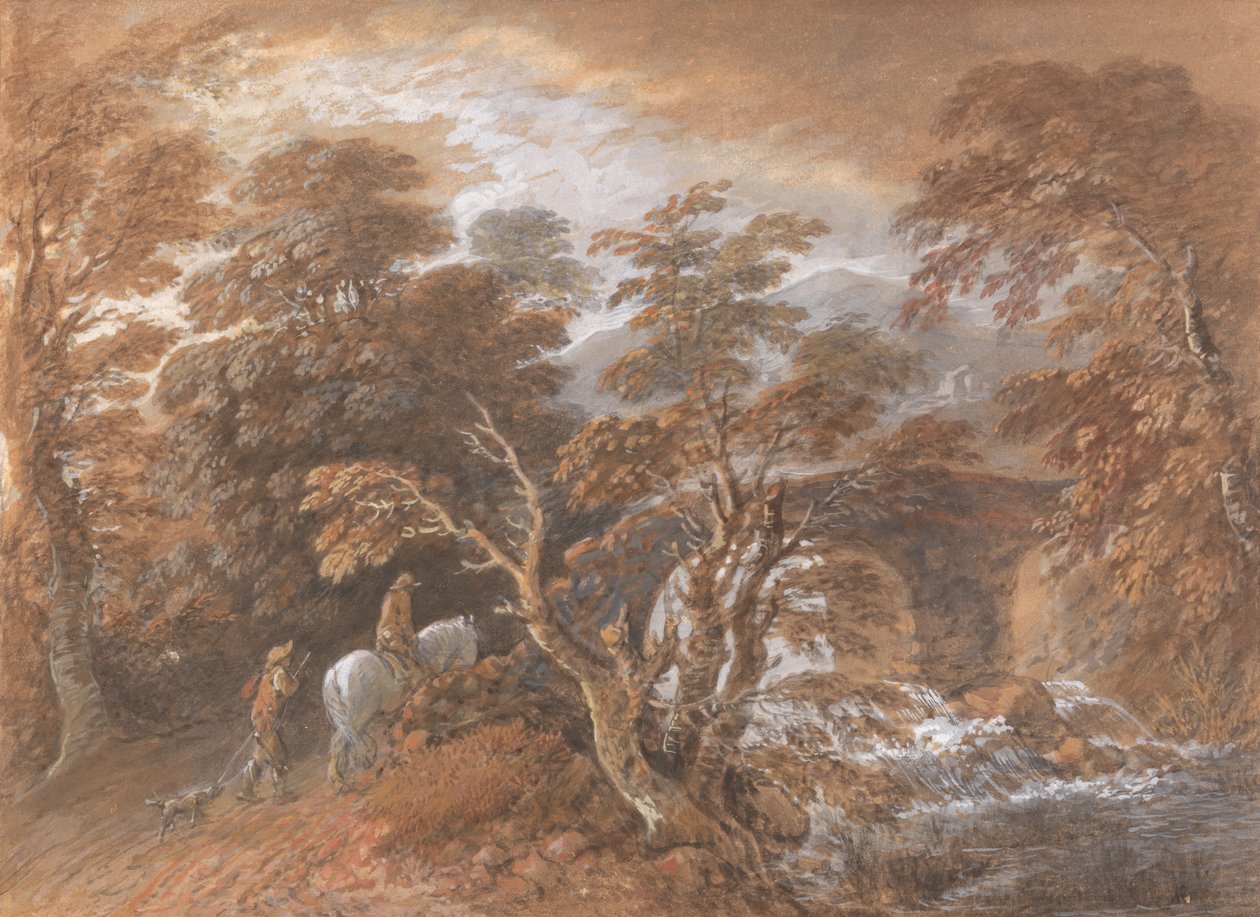 Heuvelachtig Landschap met Figuren die een Brug Naderen door Thomas Gainsborough