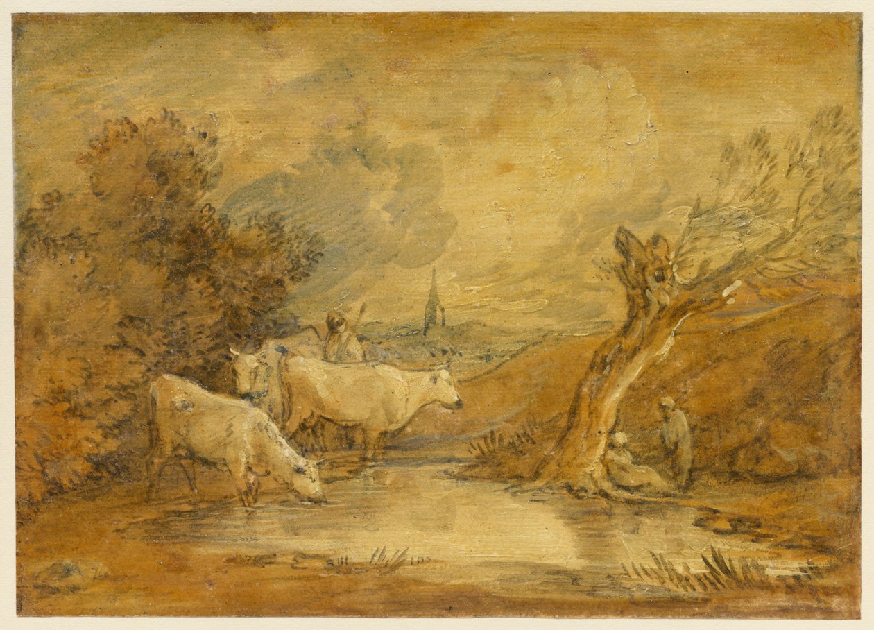 Landschaft mit Figuren, Hirte und Vieh an einem Teich, und ferne Kirche door Thomas Gainsborough