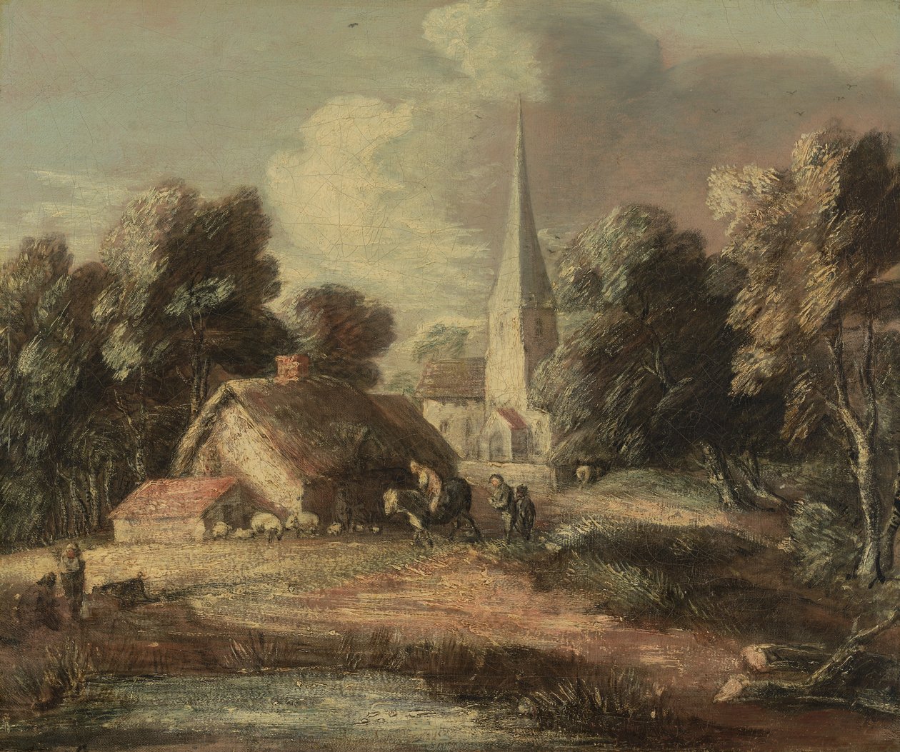 Landschap met huisje en kerk door Thomas Gainsborough