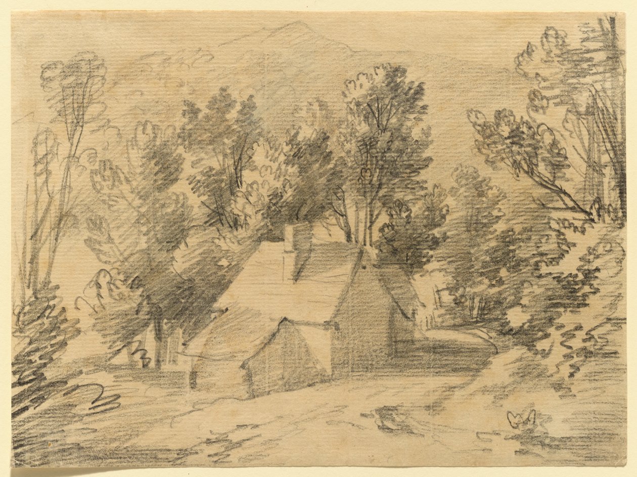 Studie van een huis en schuur in een beboste vallei door Thomas Gainsborough