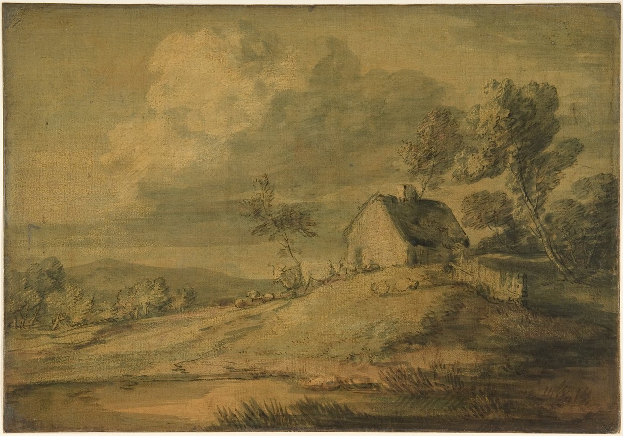 Bosrijk landschap met huisje, koeien en schapen door Thomas Gainsborough