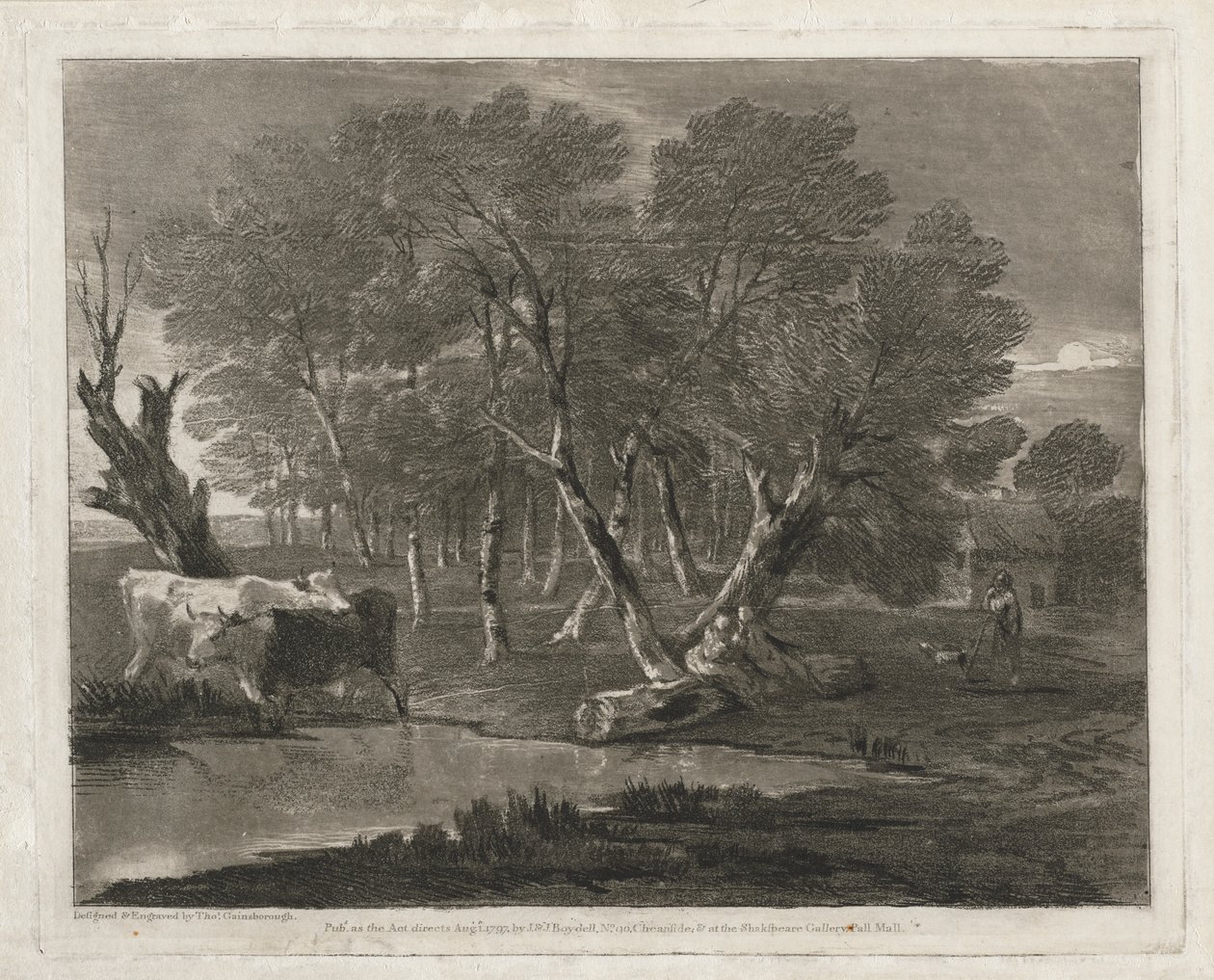 Boslandschap met Koeien bij een Vijver, Figuren en Huisje door Thomas Gainsborough