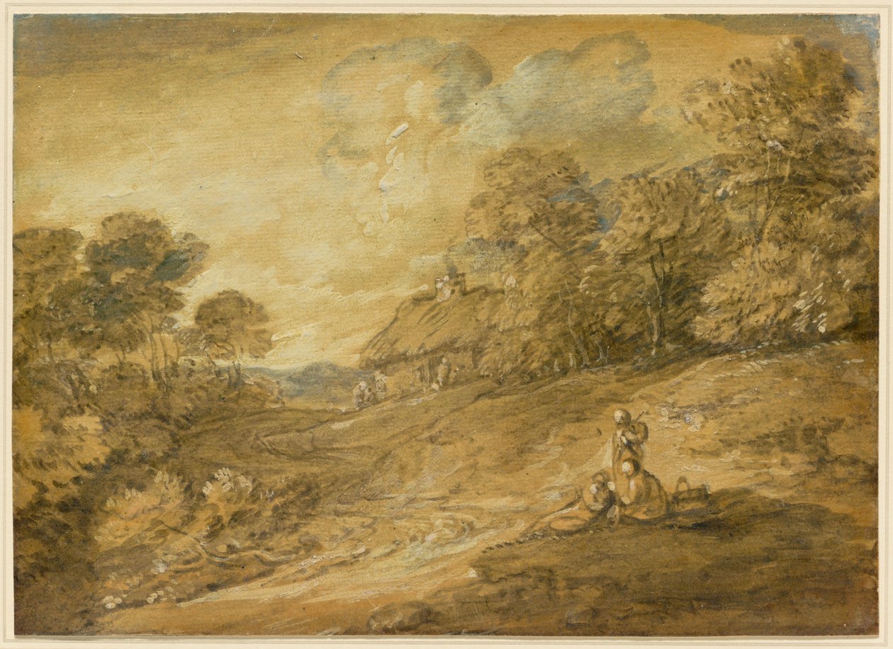Waldlandschaft mit Figuren und gewundenem Pfad zu einem Cottage door Thomas Gainsborough