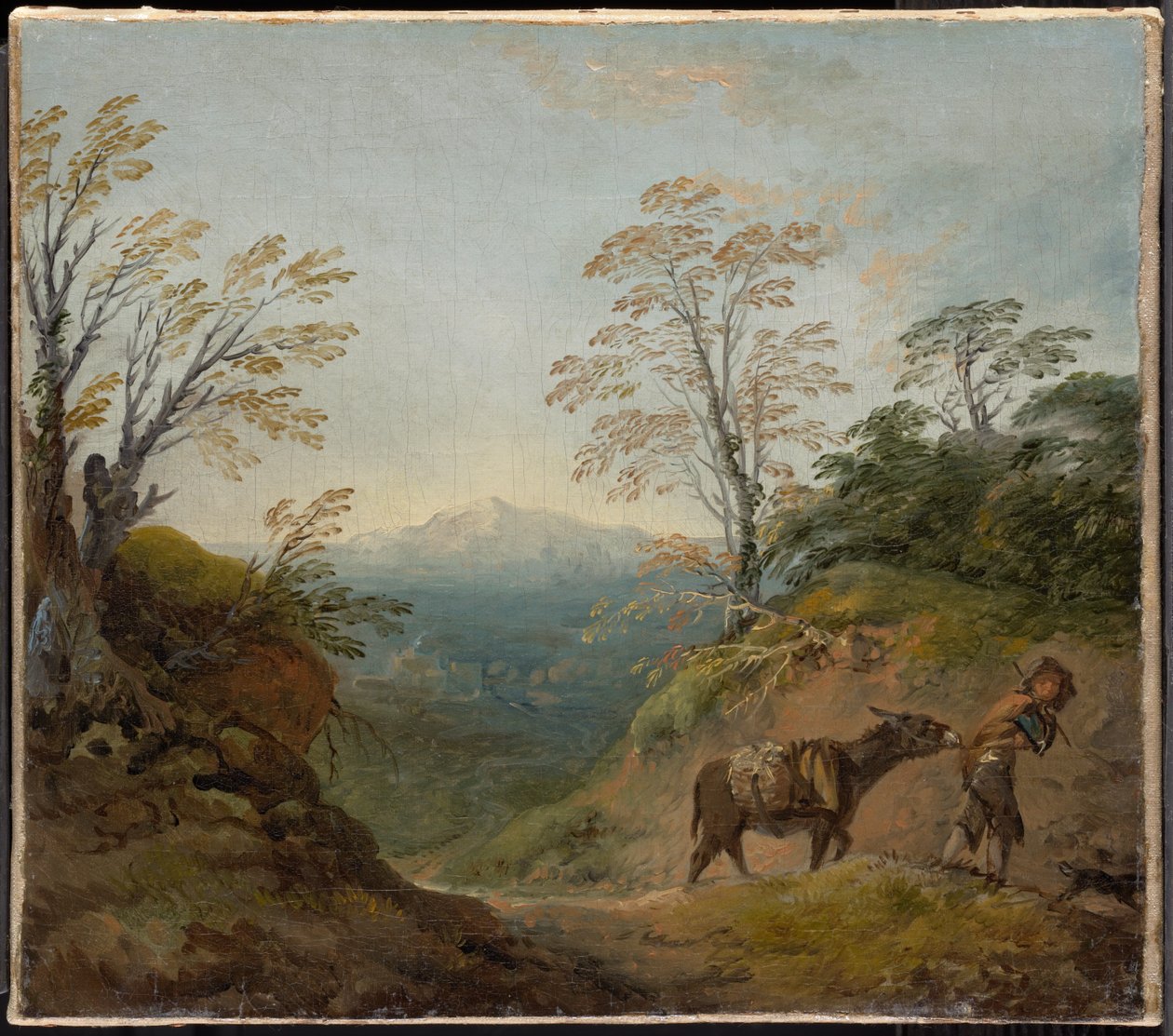 Boslandschap met een jongen die een ezel en een hond leidt, en een uitgestrekt panorama met gebouwen en verre heuvels door Thomas Gainsborough