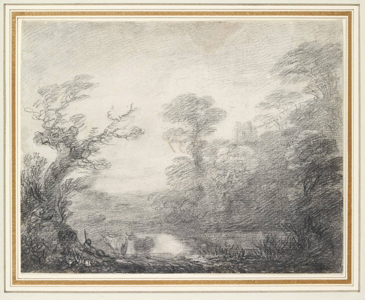 Boslandschap met herder, koeien en kerktoren door Thomas Gainsborough
