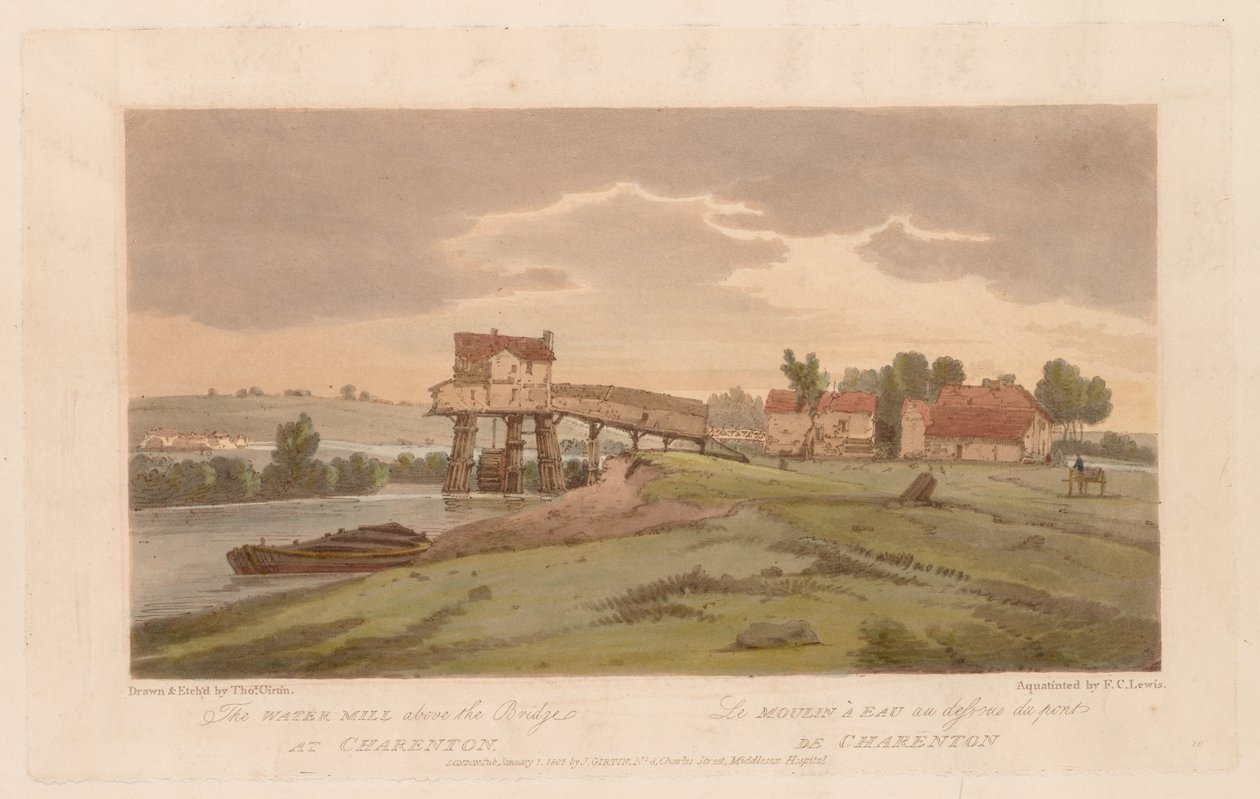 Een selectie van twintig van de meest pittoreske uitzichten in Parijs: De watermolen boven de brug...1803 door Thomas Girtin