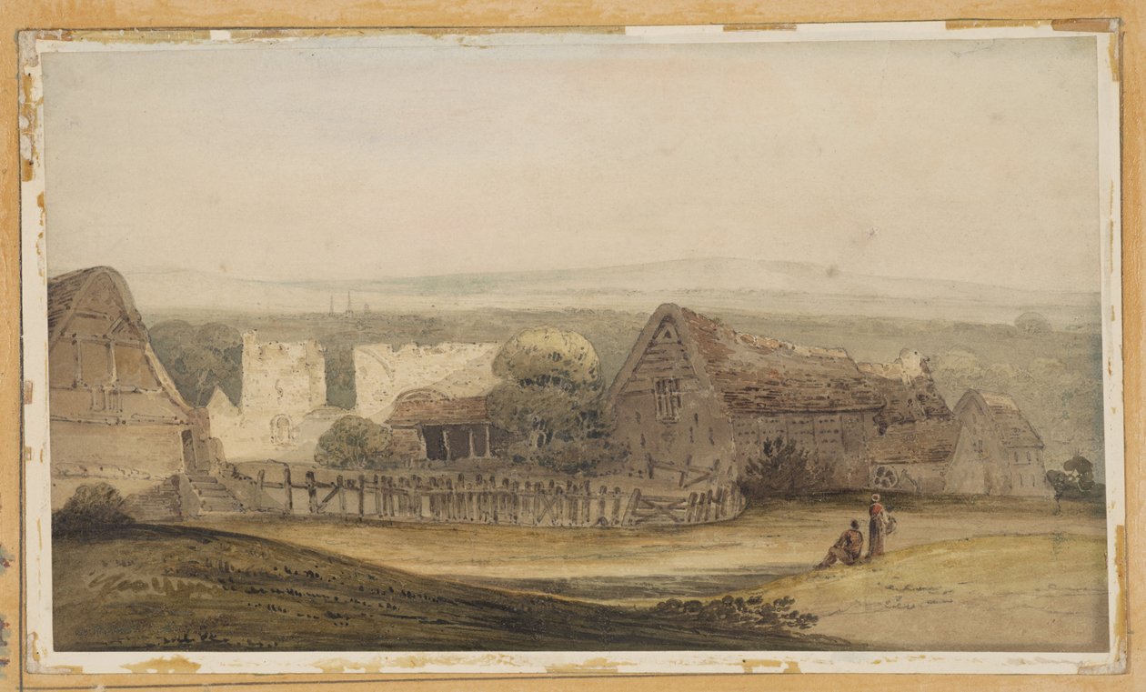 Een groot gebouw met boerderijgebouwen en een kerkruïne door Thomas Girtin