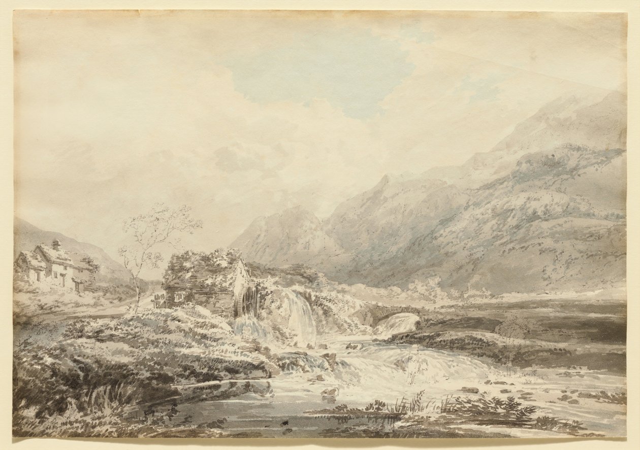Berglandschap met bovenslagmolen en brug door Thomas Girtin