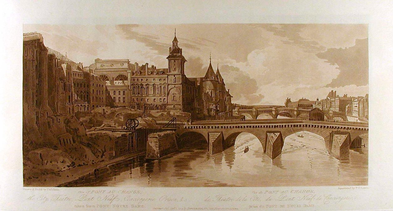 Gezicht op de Pont au Change, het Stadstheater, de Pont Neuf, de gevangenis van de Conciergerie enz., gezien vanaf de Pont Notre-Dame door Thomas Girtin