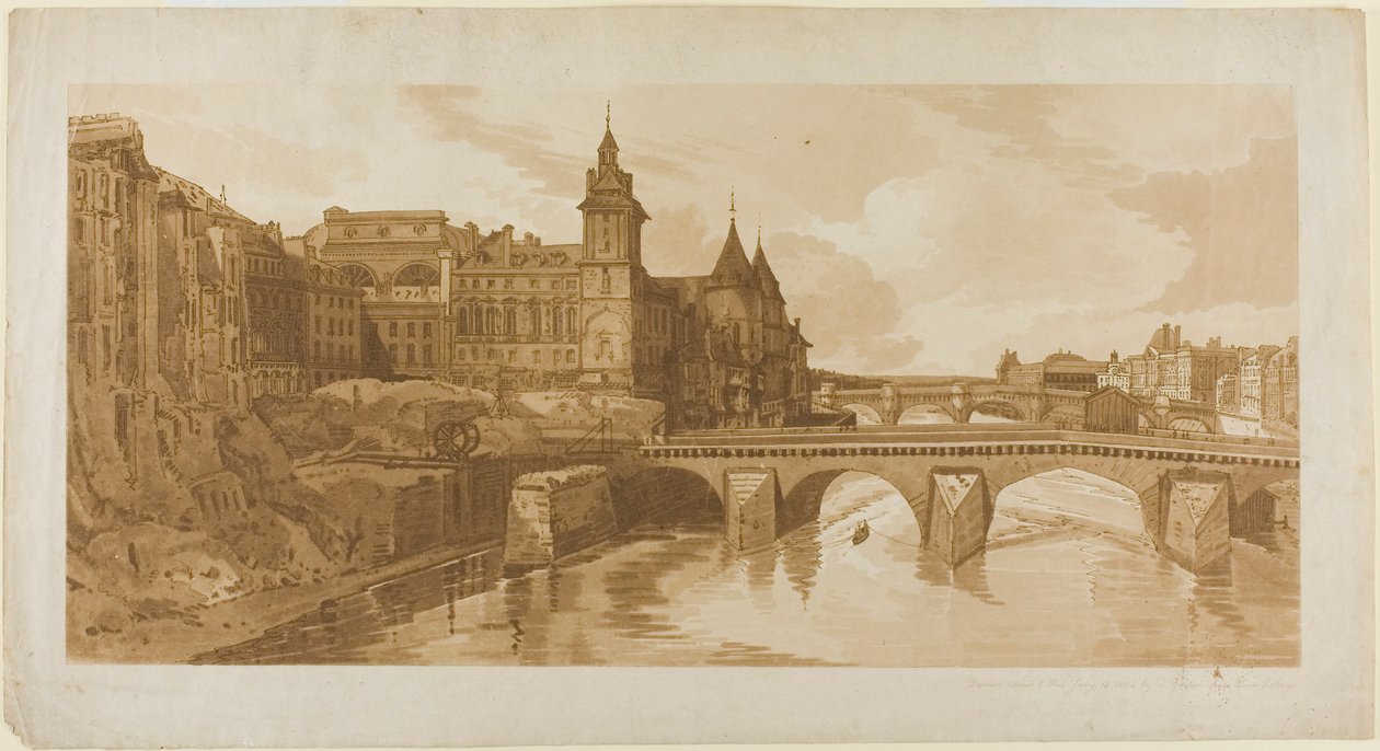 Uitzicht op Pont au Change, het Stadstheater, Pont Neuf, Conciergerie Gevangenis, enz. genomen vanaf Pont Notre Dame, uit 