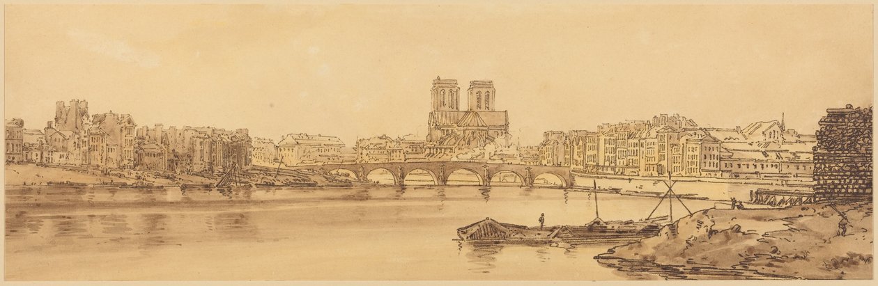 Gezicht op de Pont de la Tournelle en Notre-Dame, gezien vanaf het Arsenaal: plaat 11 door Thomas Girtin