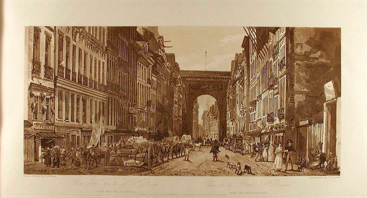 Gezicht op de Porte Saint-Denis vanuit de voorsteden door Thomas Girtin