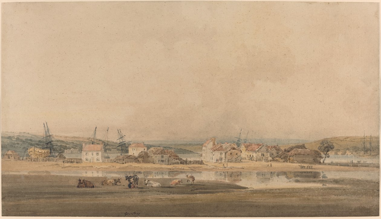 Dorp langs een Riviermonding in Devon door Thomas Girtin