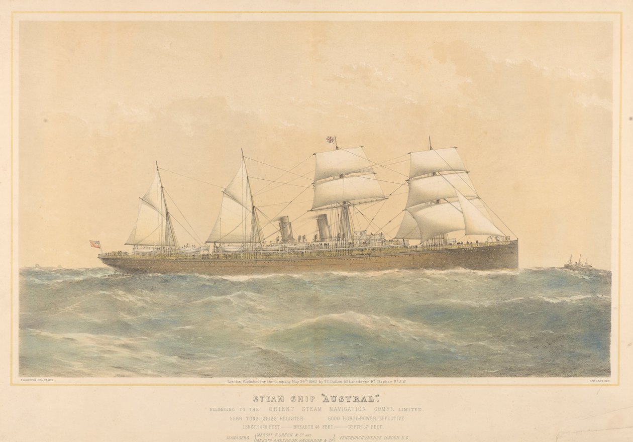 Stoomschip Austral van de Orient Steam Navigation Company Limited, ca. 1868-74 door Thomas Goldsworth Dutton