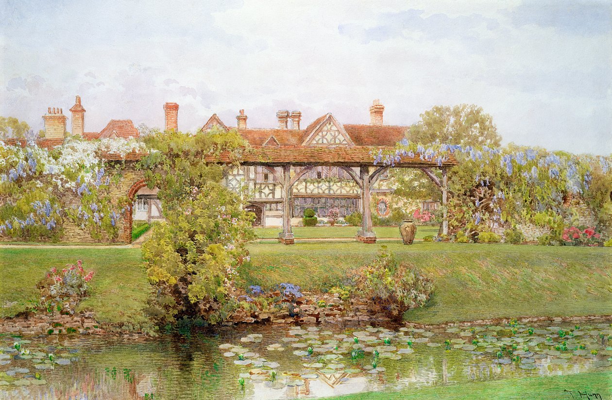Great Tangley Manor, Surrey, met de Lelievijver en overdekte wandelgang door Thomas H. Hunn