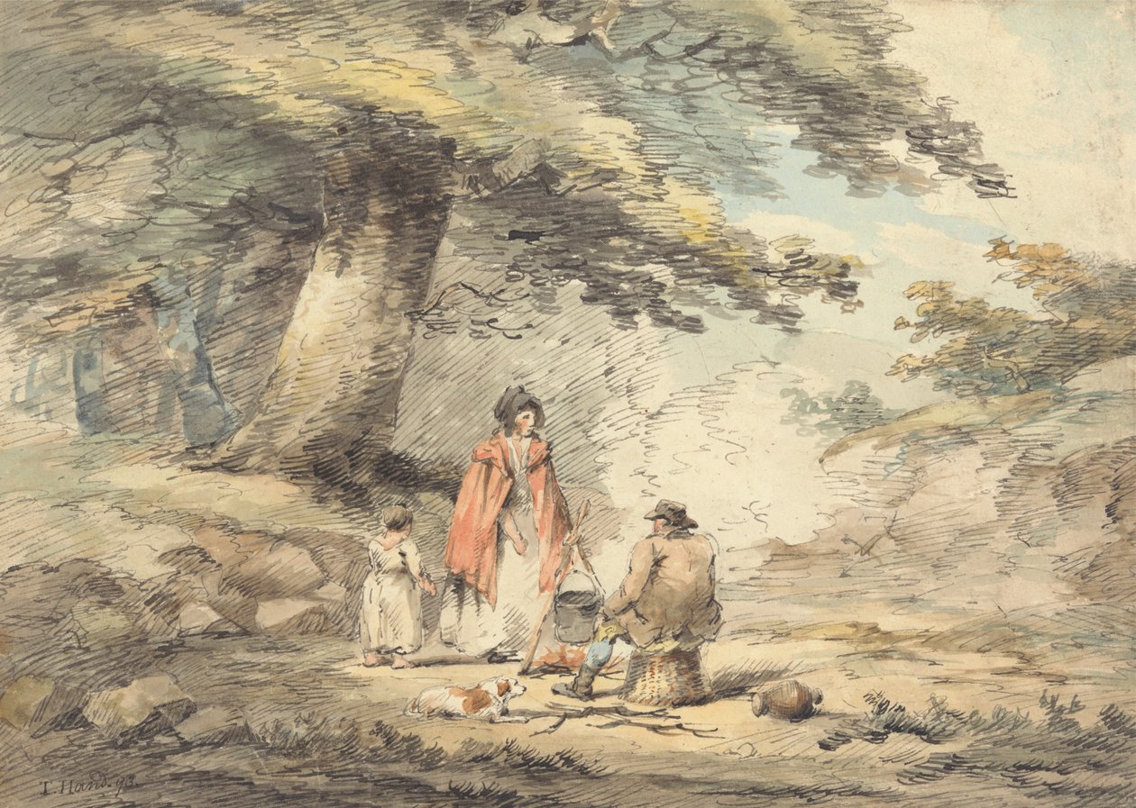 Boslandschap met figuren rond een kookpot door Thomas Hand