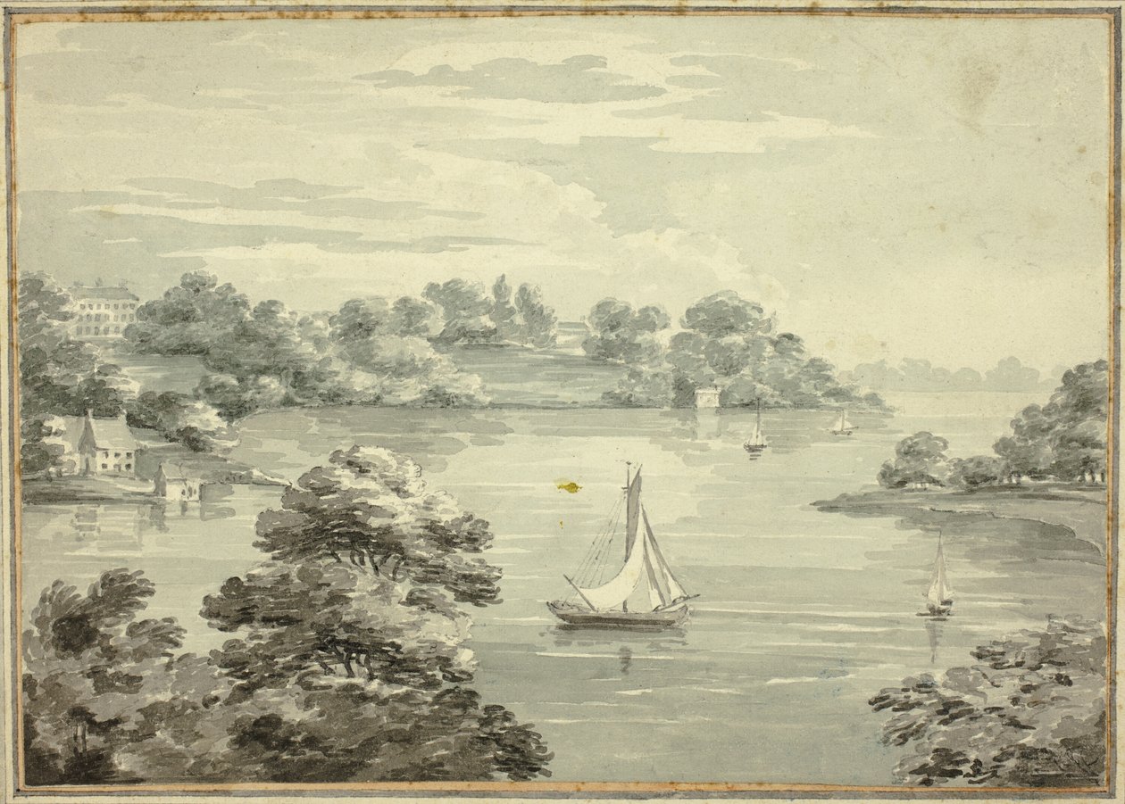 Zeilboten op Meer met Huizen nabij de Oever door Thomas Hearne