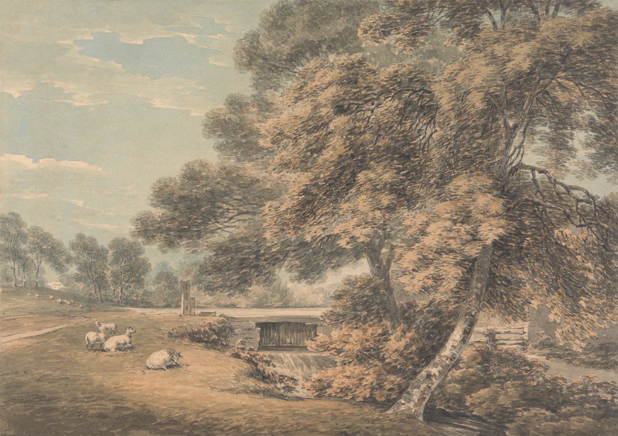 De bomen en rivier in het park bij Coleorton Hall, Leicestershire door Thomas Hearne