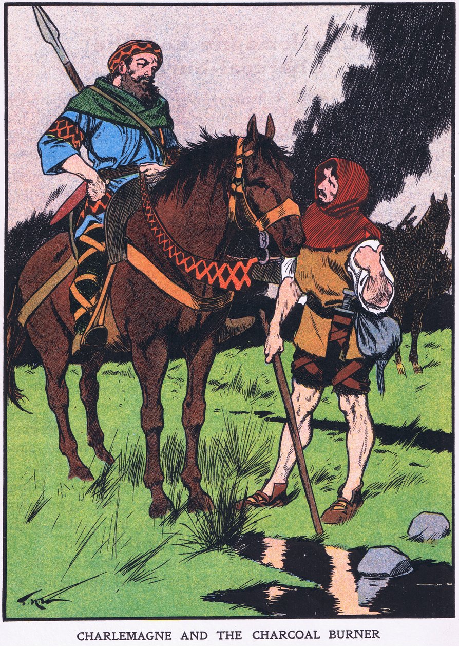 Karel de Grote en de houtskoolbrander (kleurenlitho) door Thomas Heath Robinson