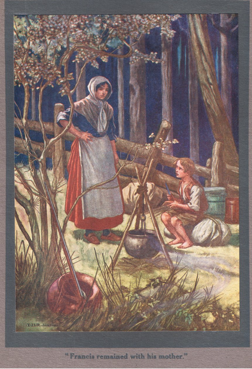 Franciscus bleef bij zijn moeder (kleurenlitho) door Thomas Heath Robinson