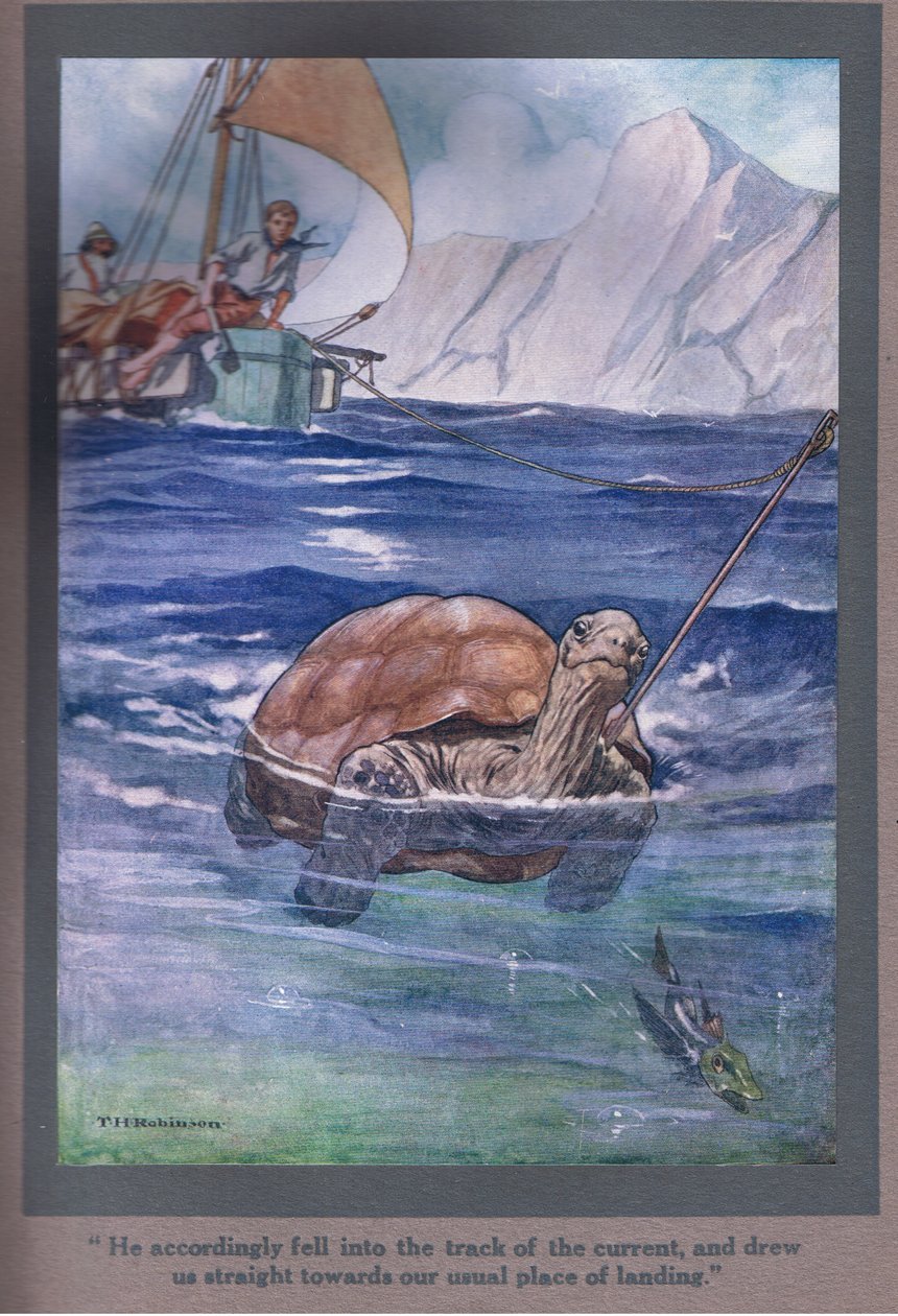 Hij viel dus in het spoor van de kromme en trok ons recht naar onze gebruikelijke landingsplaats (kleurenlitho) door Thomas Heath Robinson