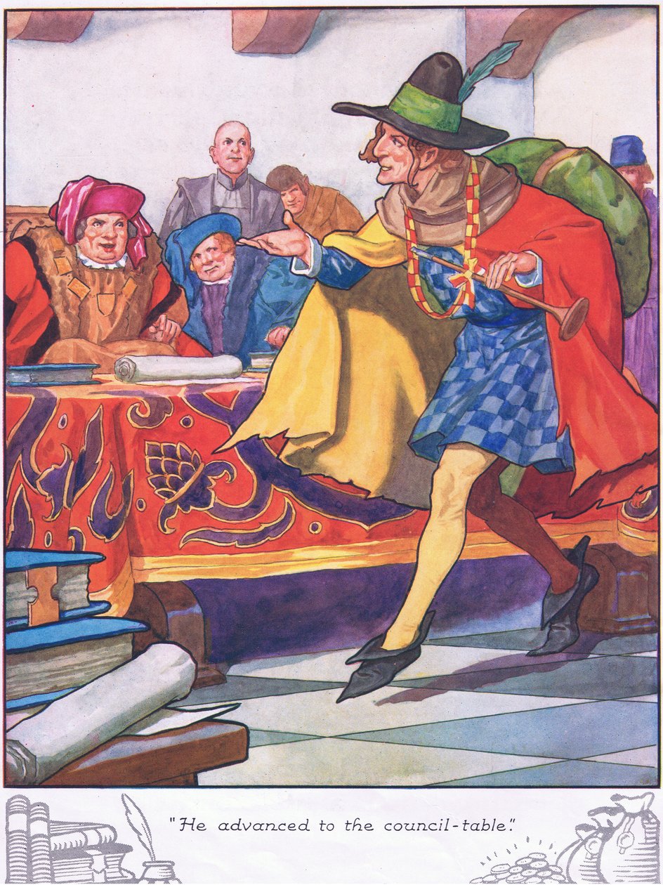Hij schoof op naar de raadstafel (kleurenlitho) door Thomas Heath Robinson