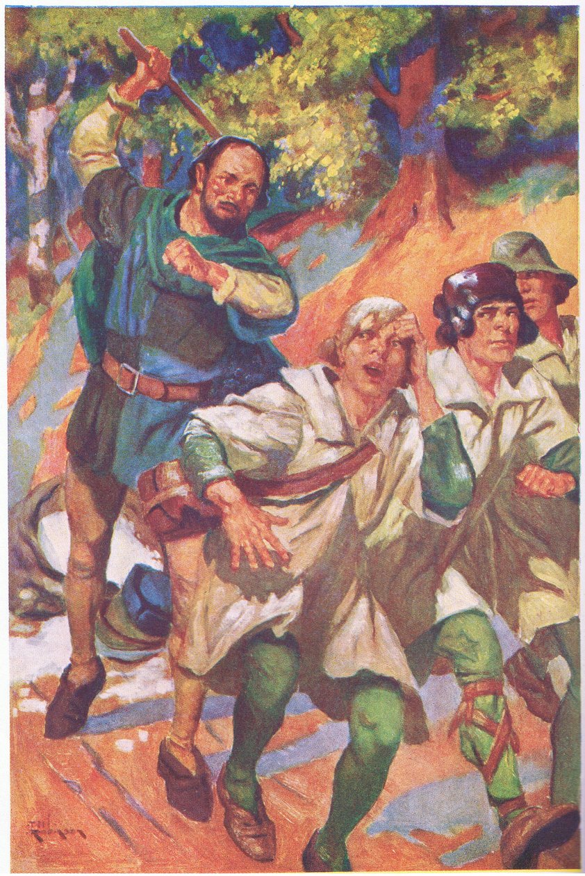 Hij dreef de drie voor zich uit, hun kreten van woede en pijn overstemd door zijn gebrul van gelach (kleurenlitho) door Thomas Heath Robinson
