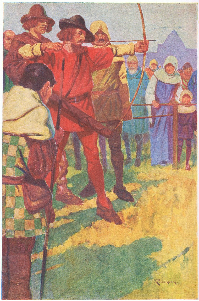 Hij richtte zijn boog voor een kort moment en liet toen de pees los (kleurenlitho) door Thomas Heath Robinson