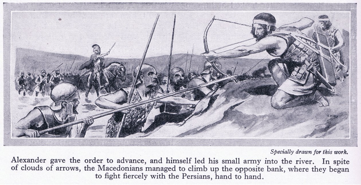 Hoe Alexander zijn rijk veroverde: Darius, koning van Perzië, verzamelde een groot leger dat in 334 v.Chr. door de Macedoniërs werd verslagen, ca. 1950 (litho) door Thomas Heath Robinson