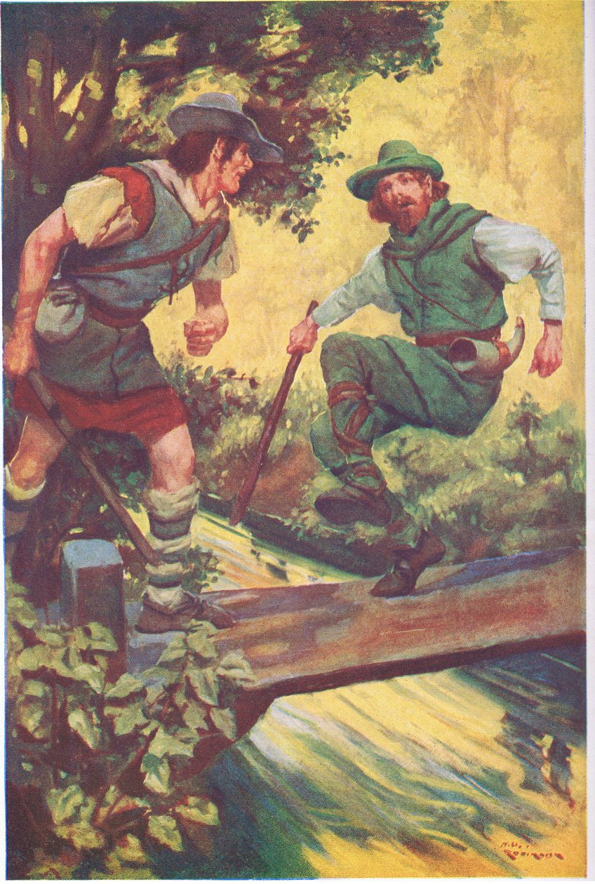 Op een ongelukkig moment gleed hij uit over de houten planken (kleurenlitho) door Thomas Heath Robinson