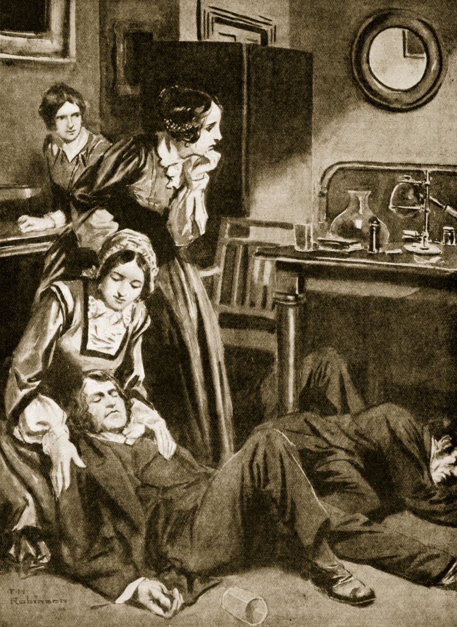 James Simpson en zijn assistenten ontdekken chloroform, november 1847 (litho) door Thomas Heath Robinson