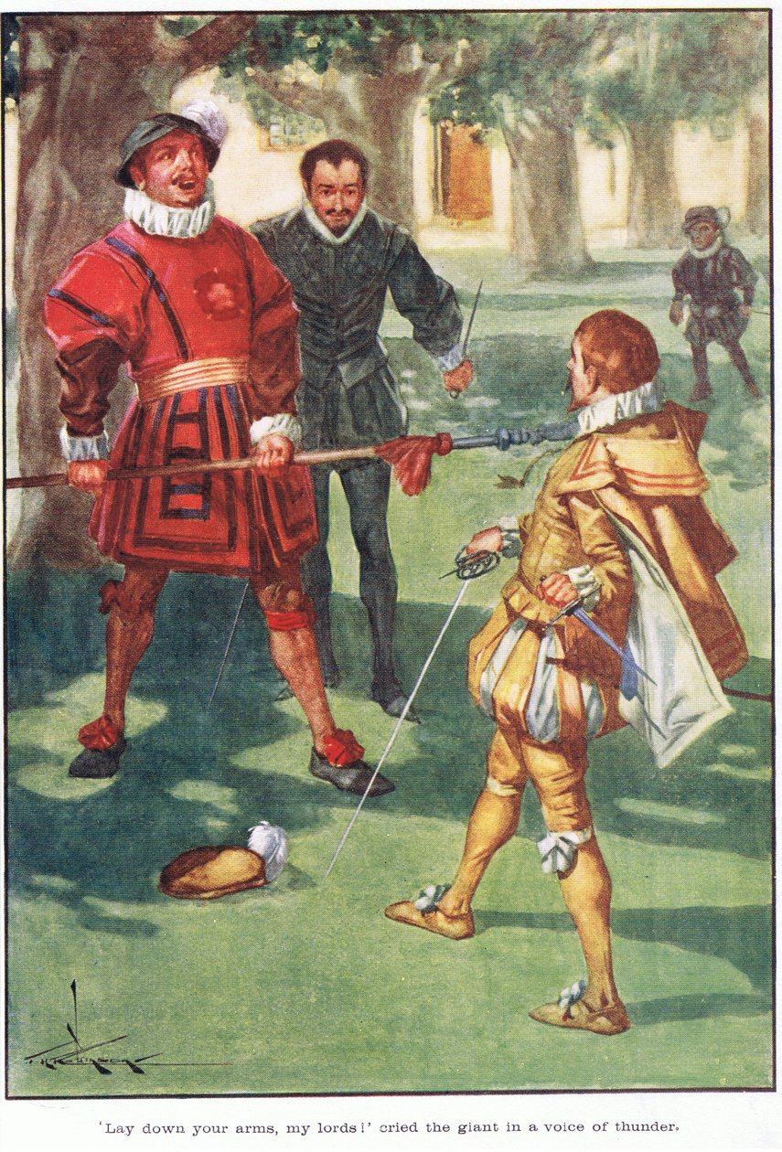 "Leg uw wapens neer, mijne heren!" riep de reus met donderende stem (kleurenlitho) door Thomas Heath Robinson