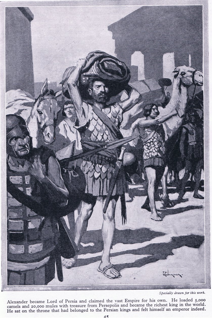 Een stad van schatten plunderen: Alexander werd heer van Perzië. Hij laadde alle schatten uit Persepolis om heel rijk te worden, ca 1950 (litho) door Thomas Heath Robinson