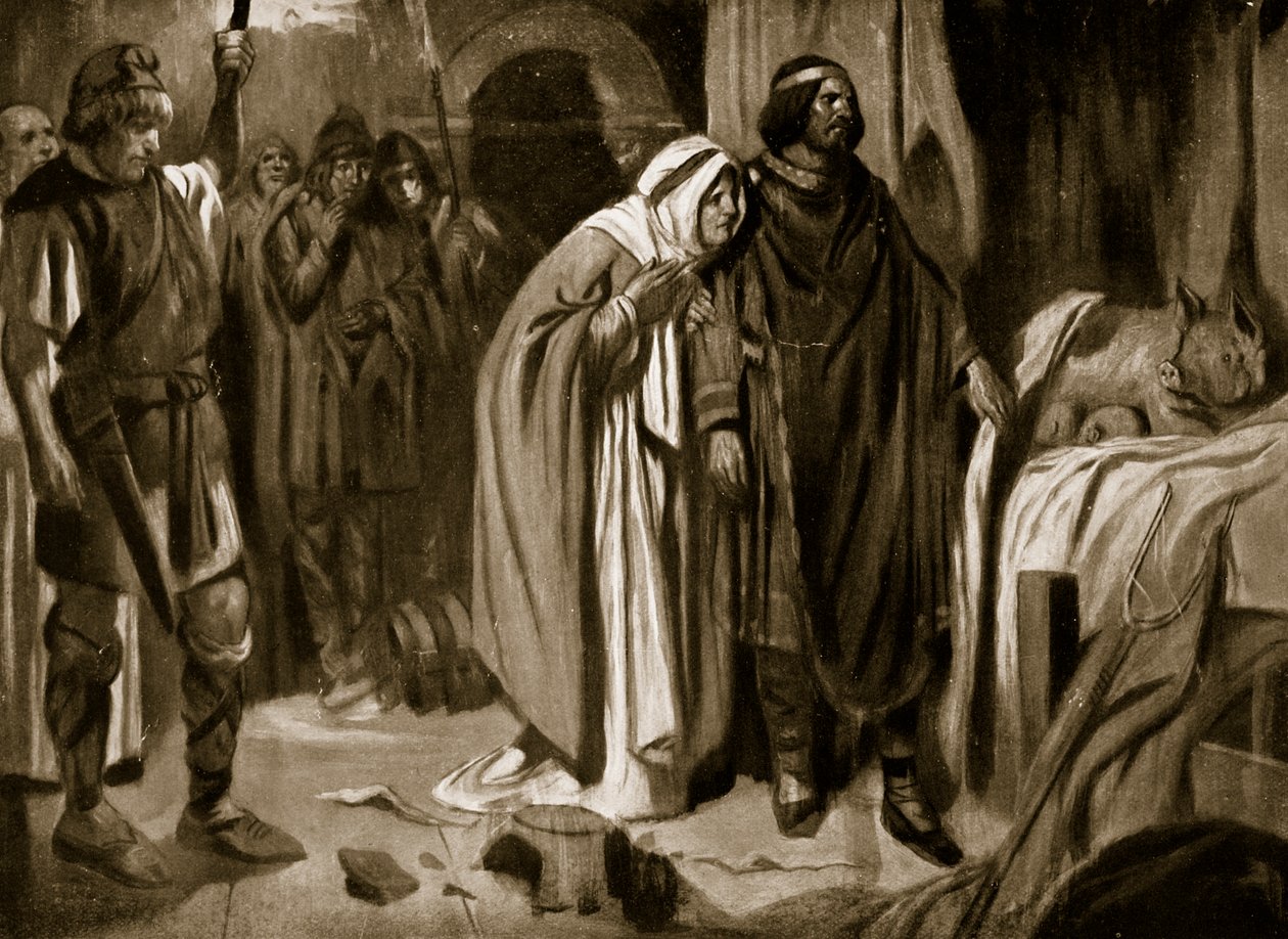 Koningin Ethelburga die Ine van Wessex overhaalt de kroon neer te leggen, 728, illustratie uit 