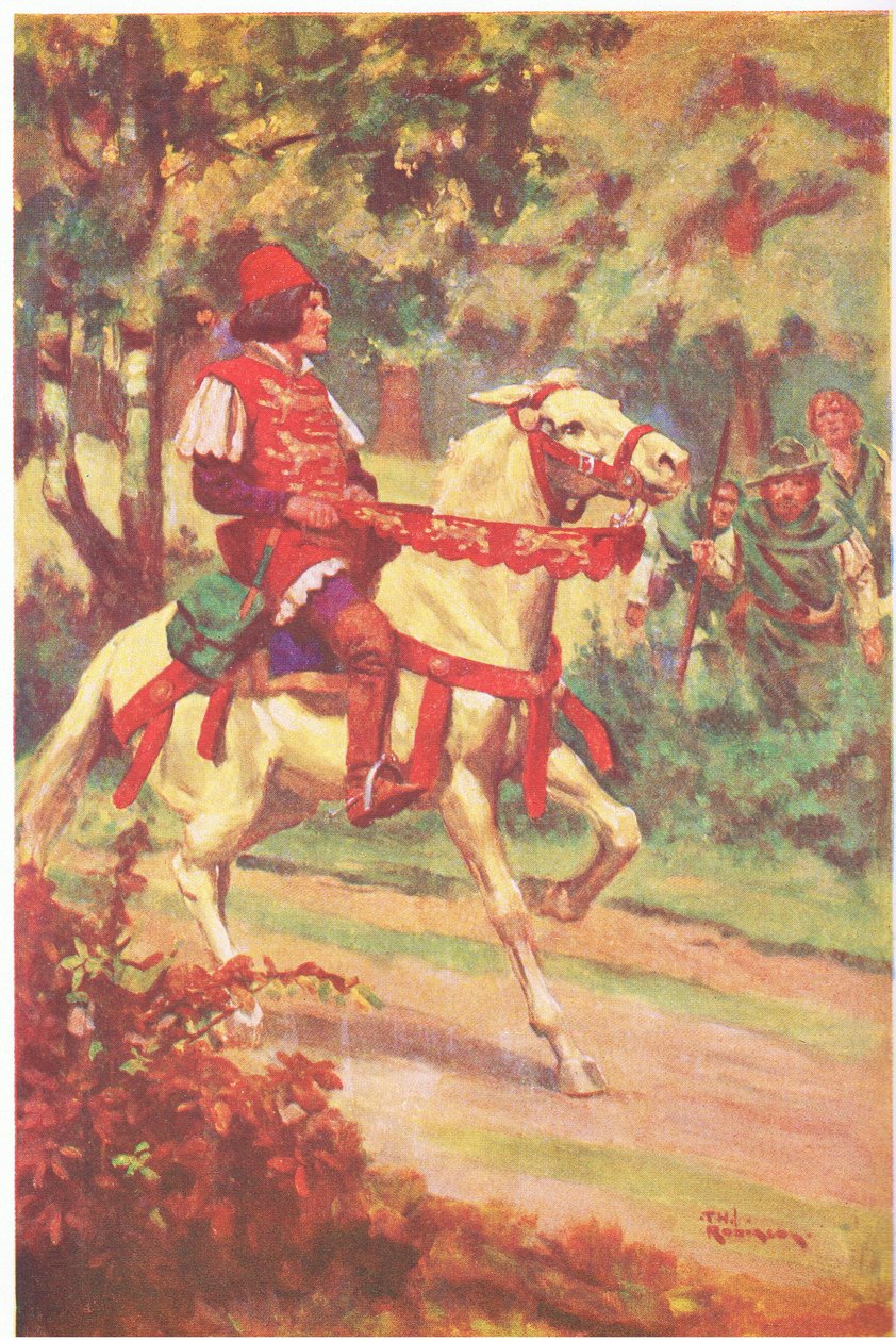 Robin en zijn metgezel zagen meester Patrington naar hen toe rijden (kleurenlitho) door Thomas Heath Robinson