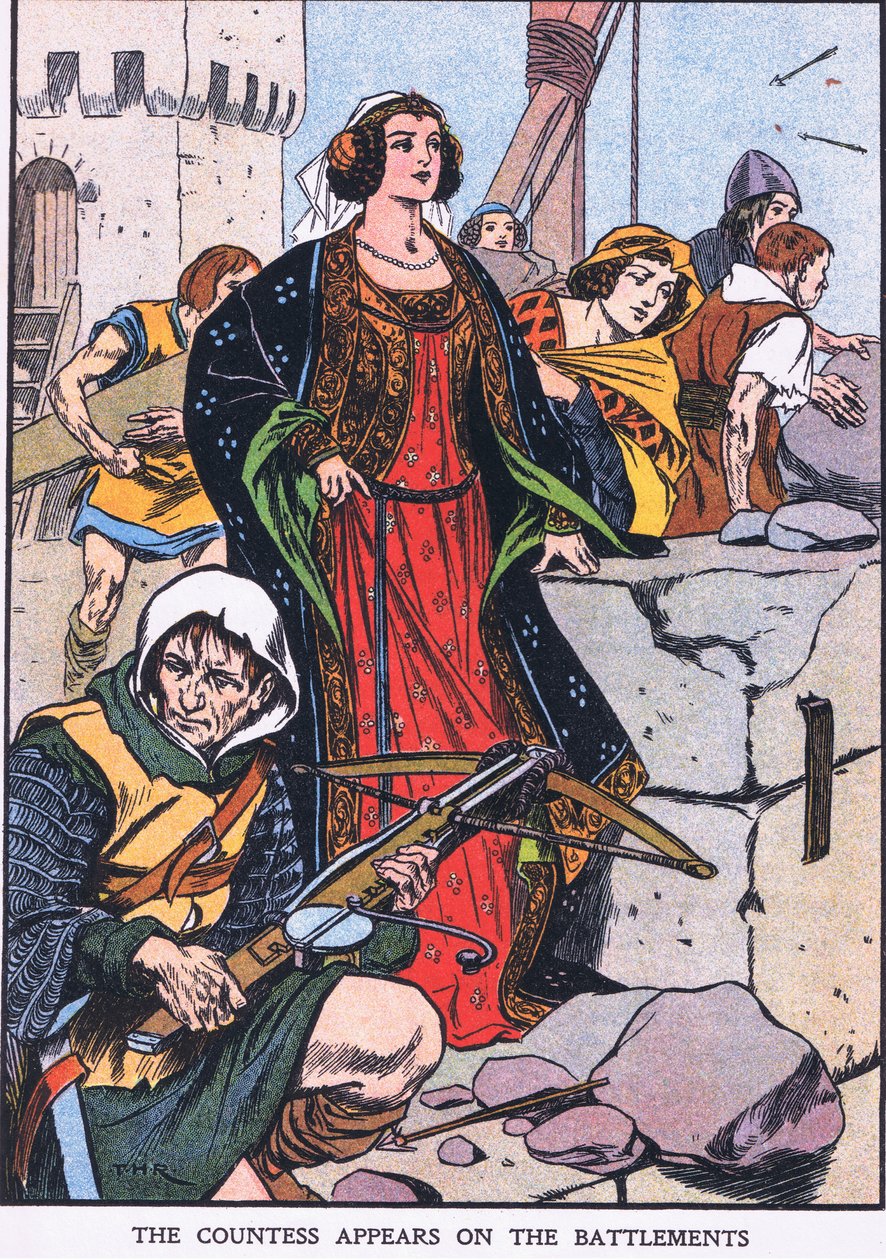 De gravin verschijnt op de kantelen (kleurenlitho) door Thomas Heath Robinson