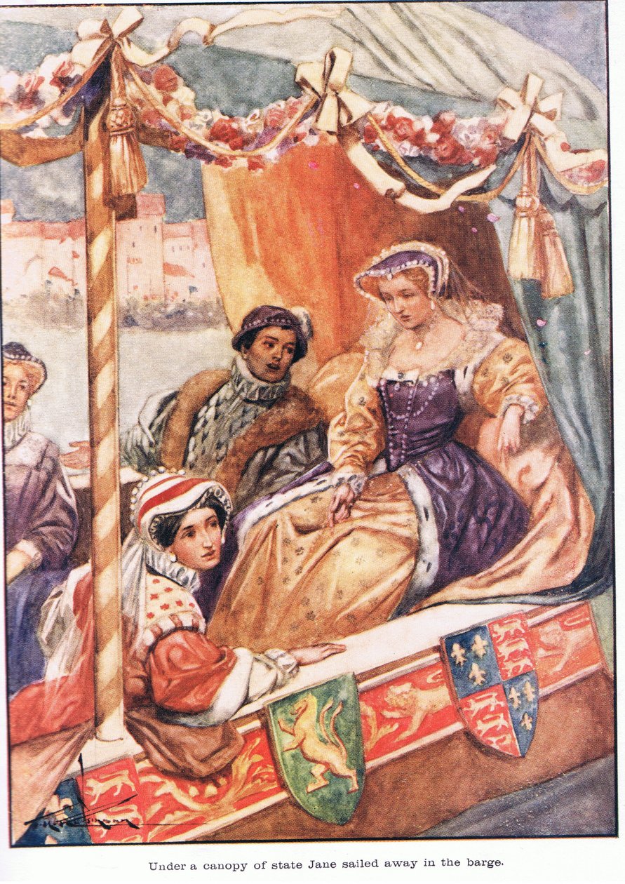 Onder een baldakijn van staat voer Jane weg in de schuit (kleurenlitho) door Thomas Heath Robinson