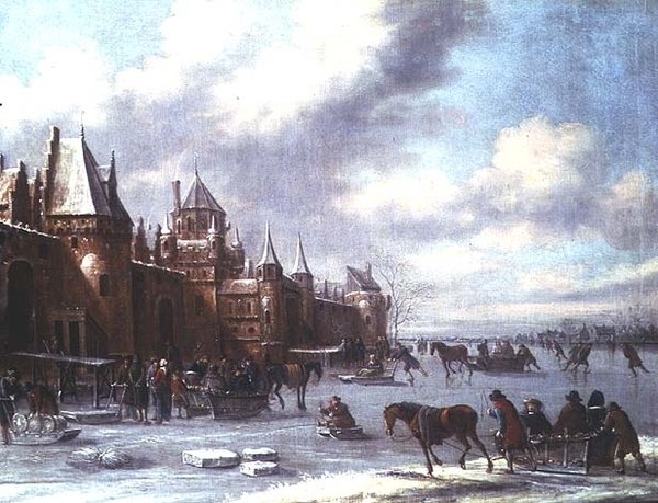 Nederlandse estuariumscène met schaatsende figuren en een kasteel op de achtergrond door Thomas Heeremans