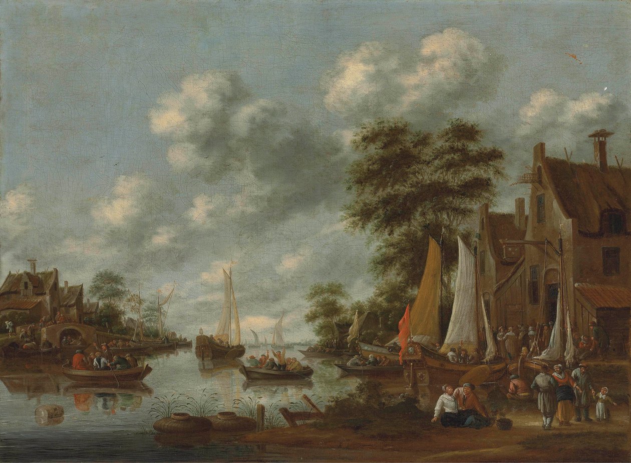 Rivierlandschap met veerboten en andere vaartuigen, figuren die van boord gaan bij een herberg door Thomas Heeremans