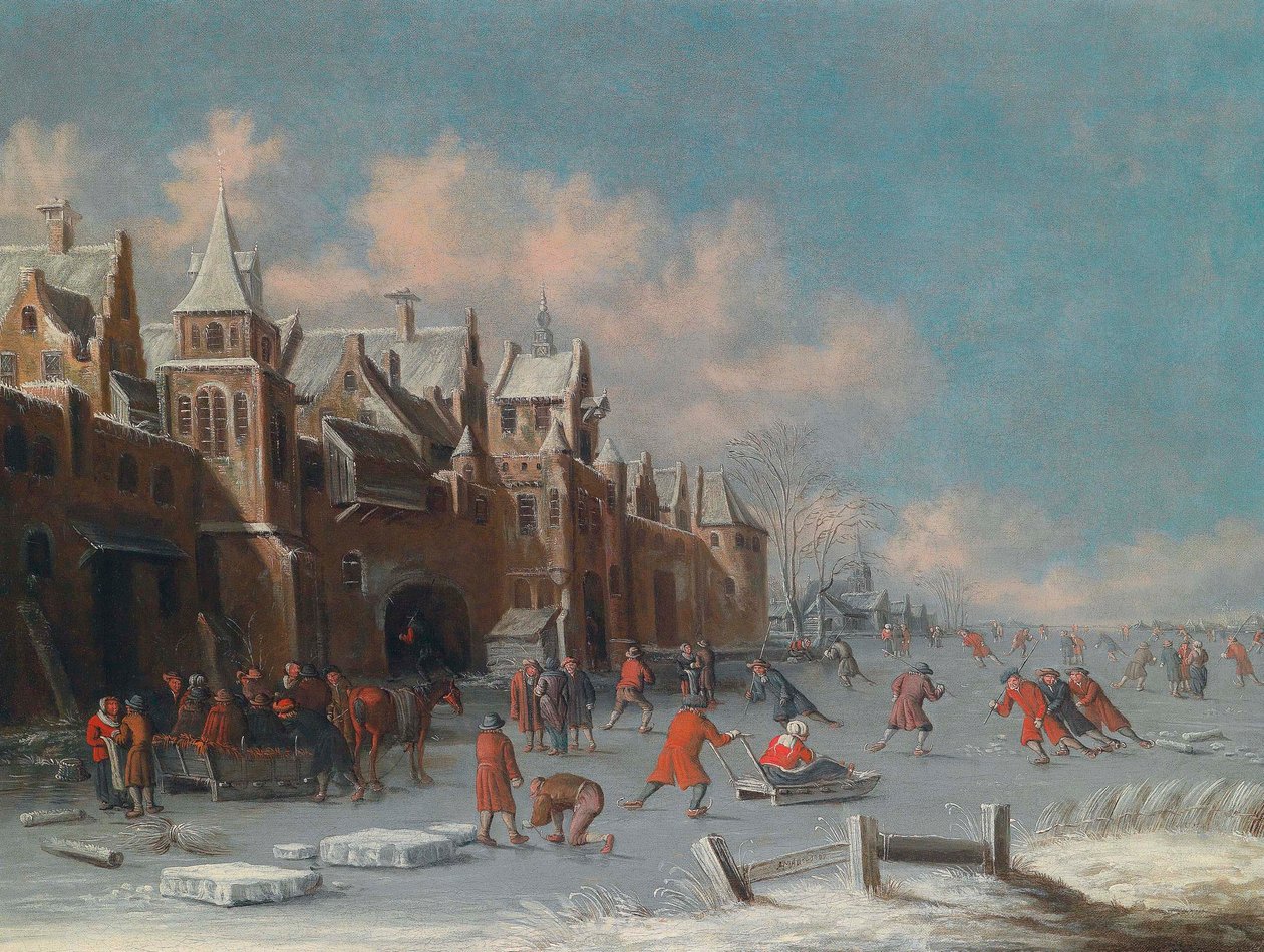 Schaatsers op het ijs voor de poorten van een Nederlandse stad door Thomas Heeremans