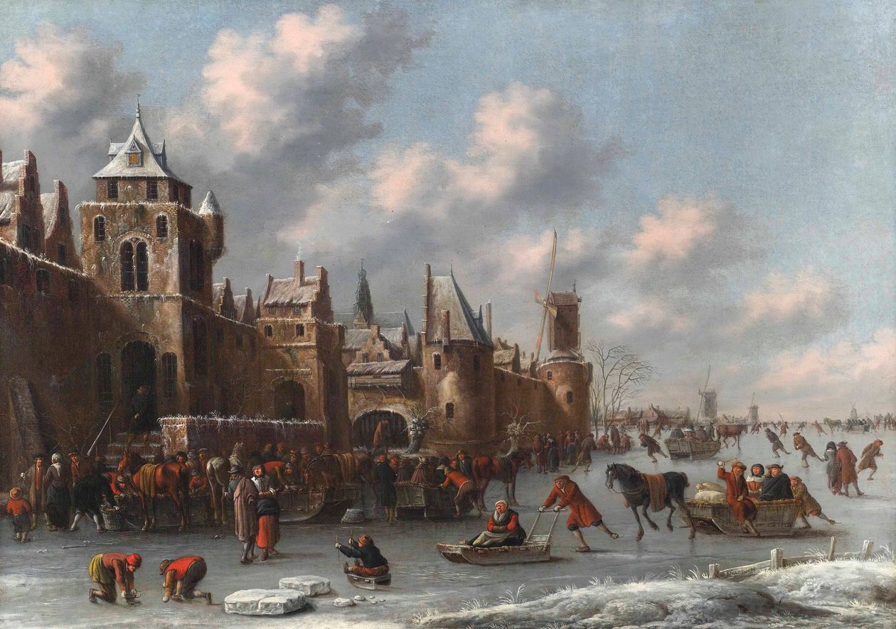 Winterlandschap met figuren die schaatsen en sleeën op een bevroren gracht bij een versterkte stad door Thomas Heeremans