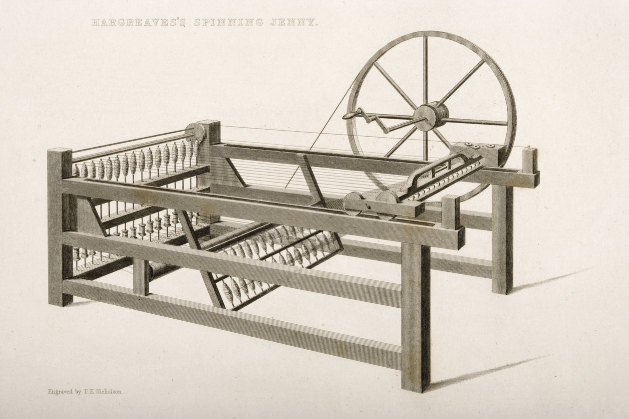 De Spinning Jenny, uitgevonden door James Hargreaves in 1764, 1835 door Thomas Henry Nicholson