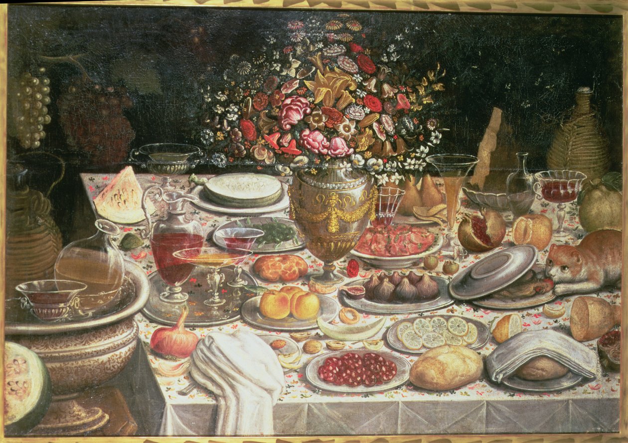 Stilleven van tafel beladen met eten, drinken en een vaas met bloemen door Thomas Hiepes