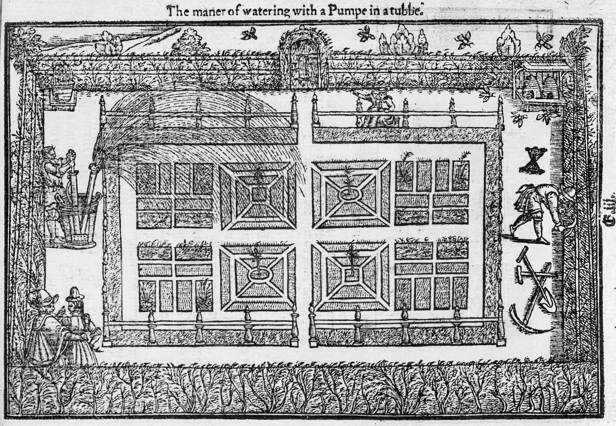 De manier van water geven met een pomp in een ton, uit The Gardeners Labyrinth, 1577 door Thomas Hill