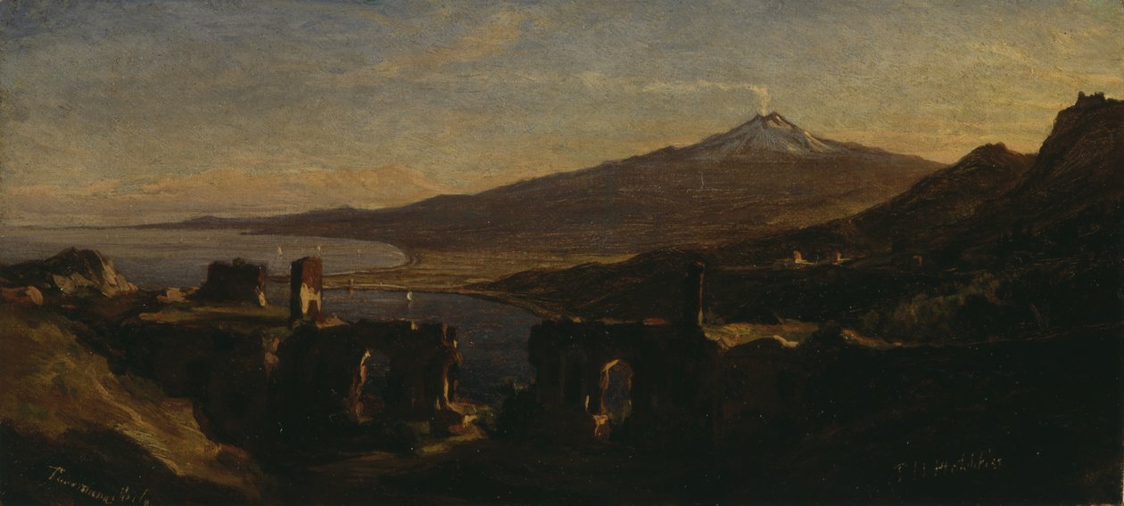Uitzicht vanaf de ruïnes van het Griekse theater in Taormina, Sicilië, met de rokende Etna door Thomas Hiram Hotchkiss