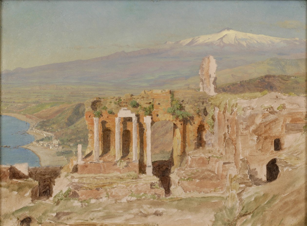 Uitzicht op de ruïnes van het Griekse theater in Taormina en de Etna, Sicilië door Thomas Hiram Hotchkiss