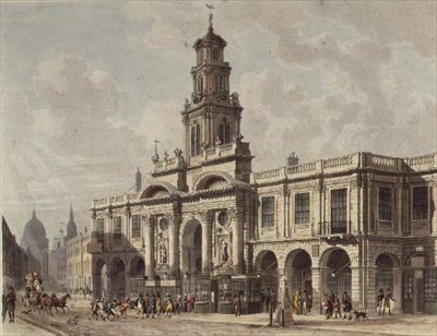 Een uitzicht op de Royal Exchange, Cornhill, gegraveerd door Daniel Havell (1785-1826), gepubliceerd in 1816 door Ackermann